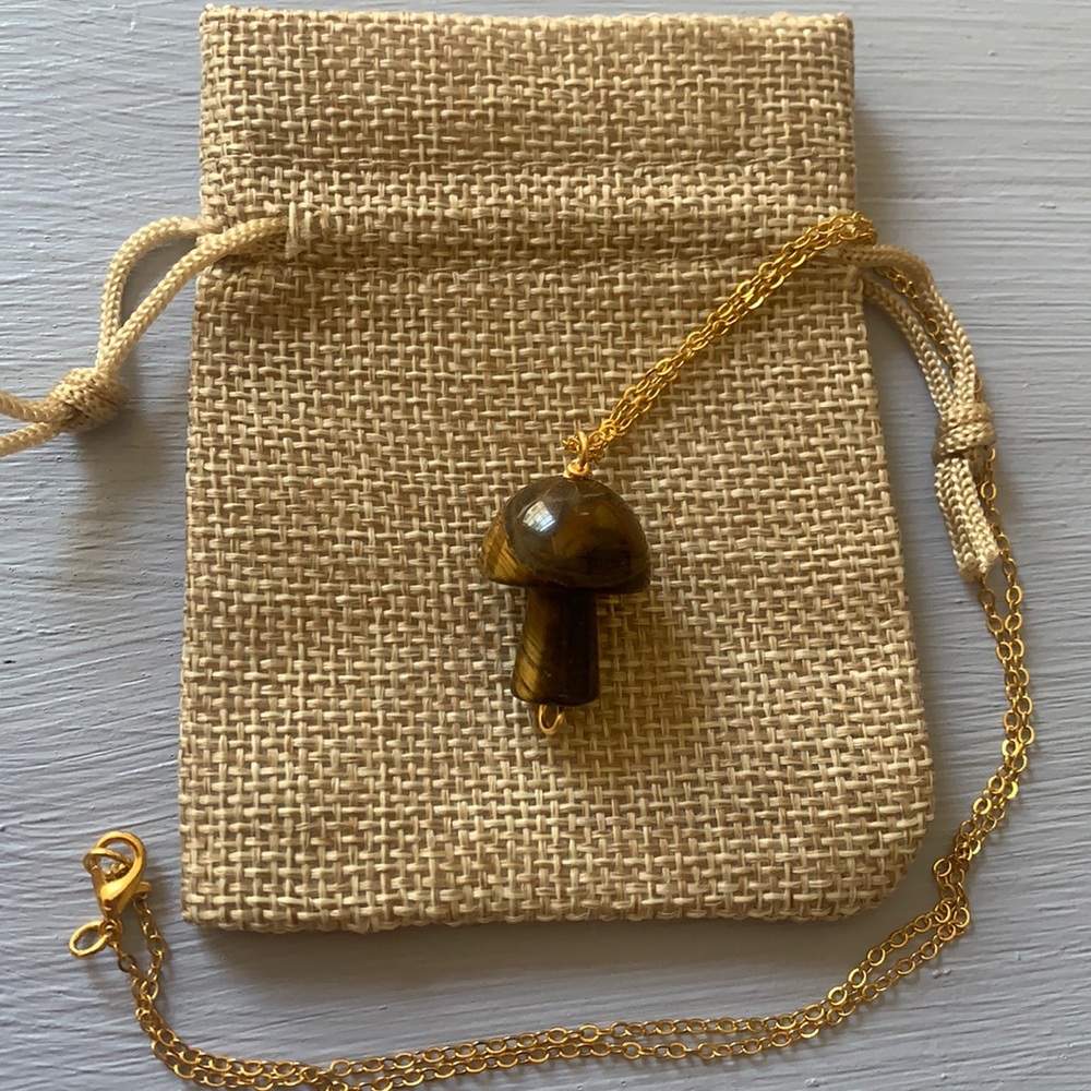 Tigers Eye Crystal Mushroom Necklace | Mushroom Pendant | Gold Mushroom Necklace